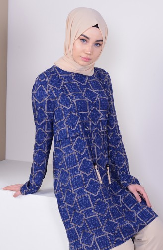 Chain Patterned Asymmetric Tunic  0110-04 Navy Blue 0110-04