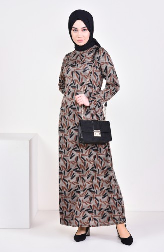 فستان كاجوال بتصميم مُطبع 8806-01لون بني مائل للرمادي وعسلي 8806-01