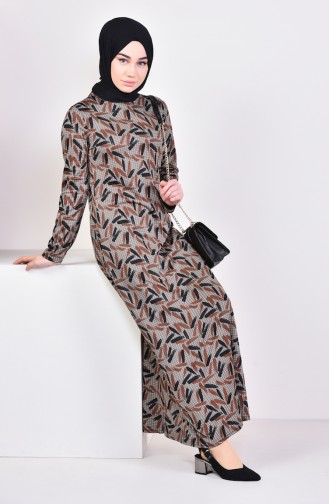 فستان كاجوال بتصميم مُطبع 8806-01لون بني مائل للرمادي وعسلي 8806-01