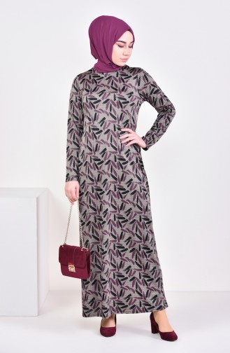 فستان كاجوال بتصميم مُطبع 8806-02 لون بني مائل للرمادي وارجواني 8806-02
