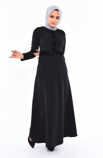 Flok Baskılı İncili Elbise 0054-01 Siyah 0054-01