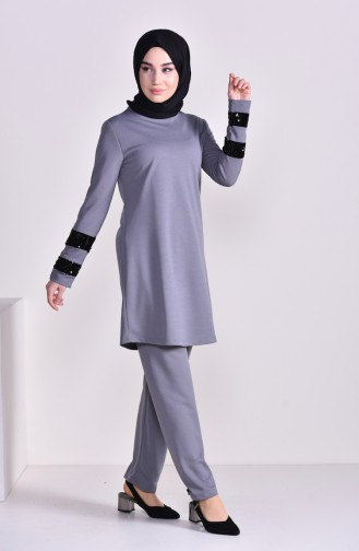 Sequined Tunic Pants Binary Suit 9016-03 Gray 9016-03