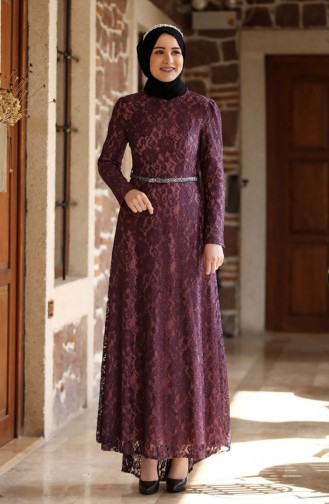 Plum Hijab Evening Dress 3206-08