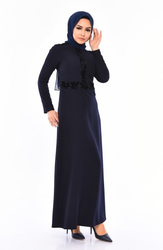 Bedrucktes Kleid mit Perlen 0054-02 Dunkelblau 0054-02