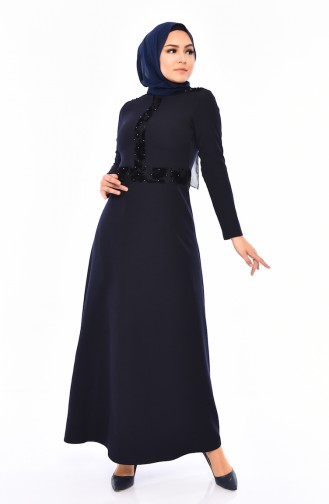 Bedrucktes Kleid mit Perlen 0054-02 Dunkelblau 0054-02