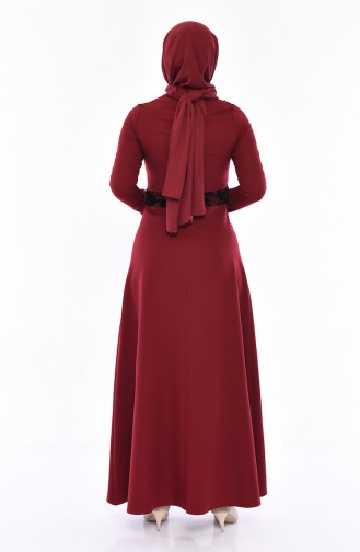 فستان بتصميم مُطبع ومزين باللؤلؤ0054-03 لون خمري 0054-03