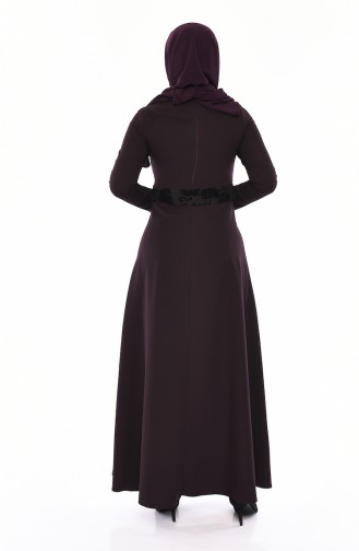 فستان بتصميم مُطبع ومزين باللؤلؤ 0054-05 لون بنفسجي داكن 0054-05