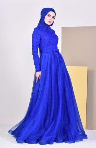 Robe de Soirée Détail Dentelle 5093-02 Bleu Roi 5093-02