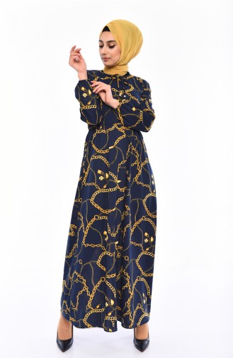 Desenli Beli Lastikli Elbise 0417C-01 Koyu Lacivert