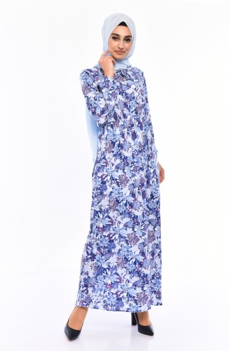 Desenli Beli Lastikli Elbise 0417D-01 Mavi