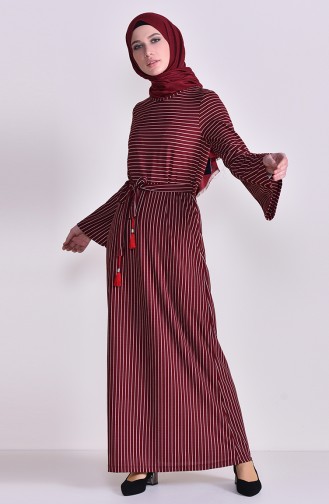 فستان مُخطط واكمام بتصميم اسباني 4173-03 لون خمري 4173-03