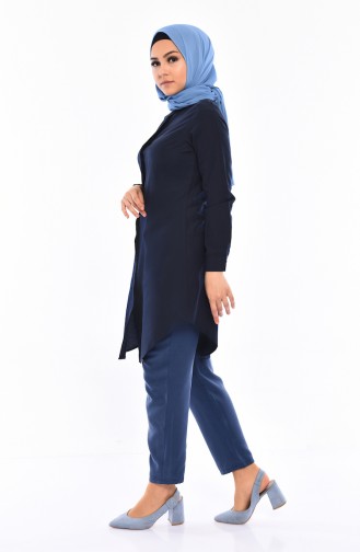 Hidden Buttoned Pleated Tunic 2483-06 Navy Blue 2483-06
