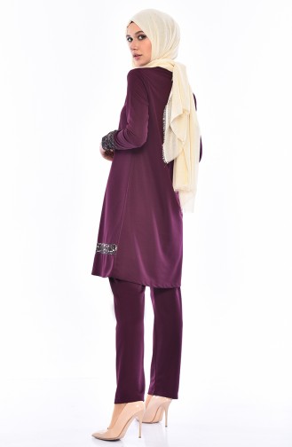 Leopard Detailed Tunic Pants Binary Suit 9004-03 Purple 9004-03