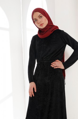 Beli Büzgülü Kadife Elbise 5001-04 Siyah