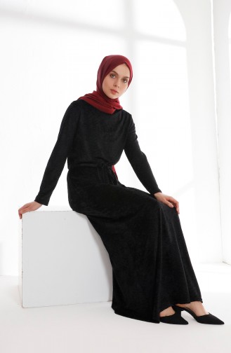 Beli Büzgülü Kadife Elbise 5001-04 Siyah