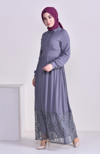 Lace Detailed Chiffon Dress 81694-03 Gray 81694-03