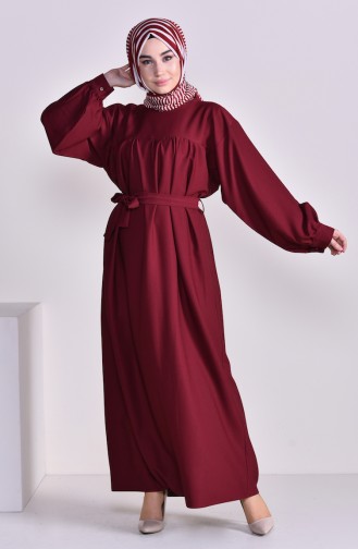 فستان بتصميم طيات وحزام للخصر 2058-01 لون خمري 2058-01