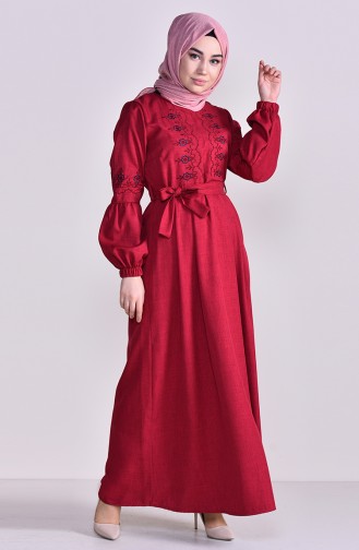 Embroidered Belt Dress 1022-01 Bordeaux 1022-01
