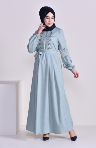 Embroidered Belted Dress 1022-04 Green 1022-04