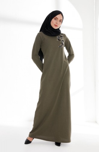 فستان بتفاصيل مُطرزة 5013-02 لون أخضر كاكي 5013-02