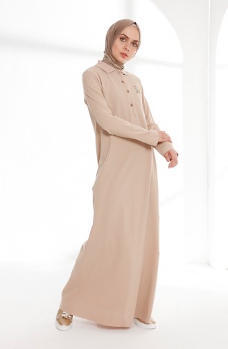 Polo Yaka Pike Örme Elbise 5015-07 Bej