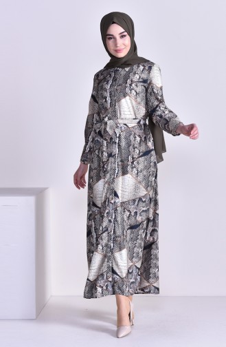 فستان طويل مزموم الخصر بتصميم مُطبع 0307-01 لون بيج 0307-01