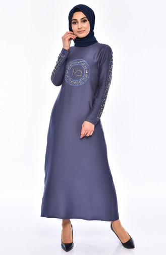 Steinbedrucktes Kleid mit Perlen 0171-04 Indigo 0171-04