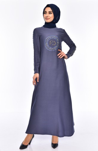 Steinbedrucktes Kleid mit Perlen 0171-04 Indigo 0171-04