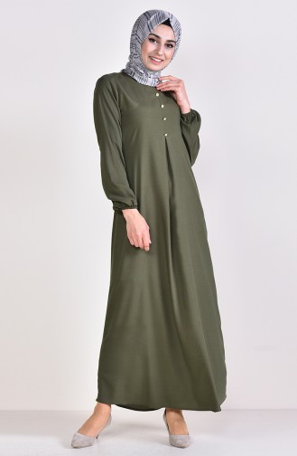 Viskon Düğme Detaylı Elbise 9012-06 Yeşil