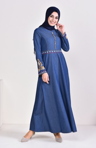 Besticktes Jeanskleid 6145-01 Dunkelblau 6145-01