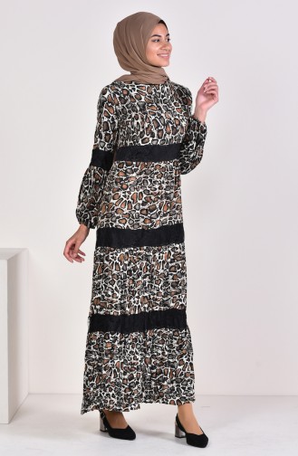 Viskose Leopard Gemustertes Kleid 1025-01 Schwarz Tabak 1025-01
