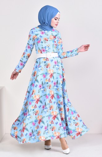 Flower Patterned Arched Dress 1025-02 Baby Blue 1025-02