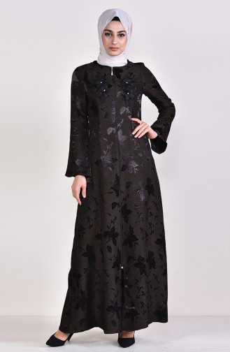 Flower Appliqued Jacquard Abaya 1705-01 Black Mink 1705-01