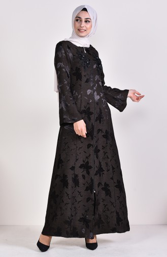 Flower Appliqued Jacquard Abaya 1705-01 Black Mink 1705-01