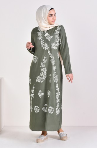 Patterned Embroidered Cloth Dress 0004-07 Khaki Green 0004-07