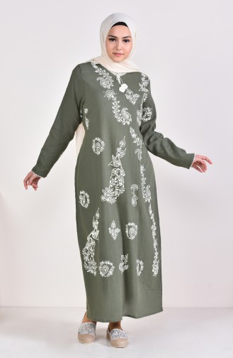 Patterned Embroidered Cloth Dress 0004-07 Khaki Green 0004-07