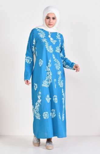 Patterned Embroidered Cloth Dress 0004-09 Turquoise 0004-09