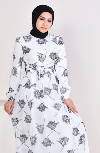 Desenli Şifon Elbise 0311-02 Beyaz