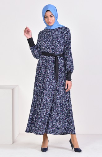 Floral Pattern Belted Dress 2061-01 Navy Blue 2061-01