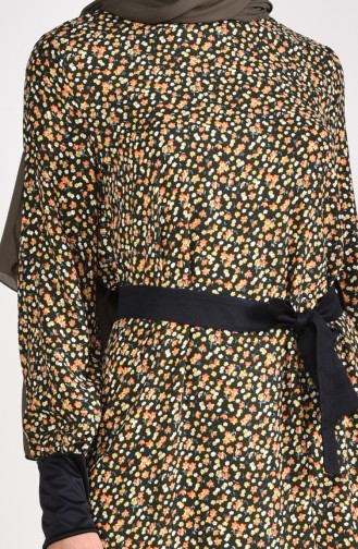 Floral Pattern Belted Dress 2061-02 Khaki 2061-02