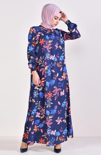 Desenli Viskon Elbise 0284-01 Lacivert