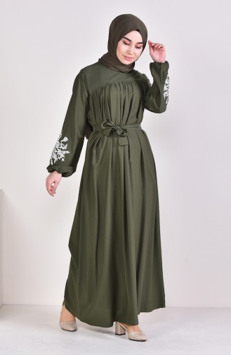 Minahill Kolu Nakışlı Büzgülü Elbise 10123-02 Yeşil
