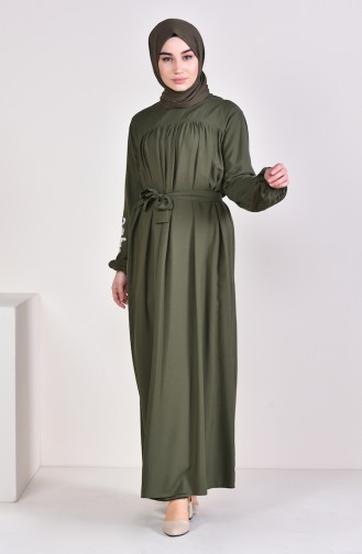 Minahill Kolu Nakışlı Büzgülü Elbise 10123-02 Yeşil