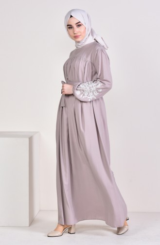 Minahill Sleeve Embroidered Pleated Dress 10123-05 Mink 10123-05