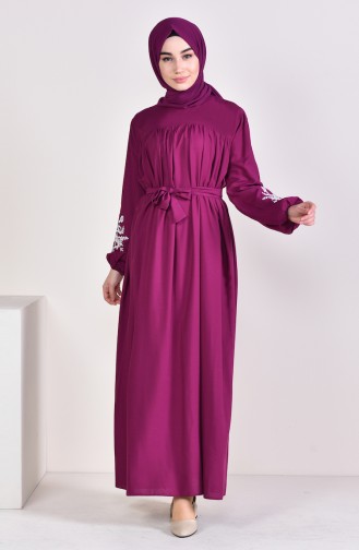 Minahill Sleeve Embroidered Pleated Dress 10123-06 Plum 10123-06