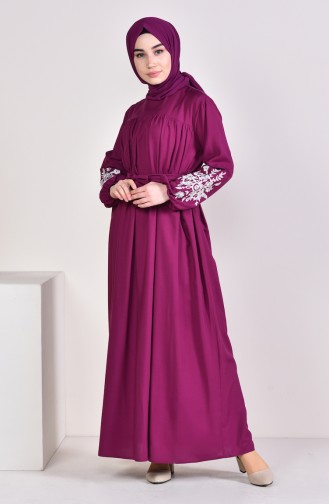 Minahill Sleeve Embroidered Pleated Dress 10123-06 Plum 10123-06