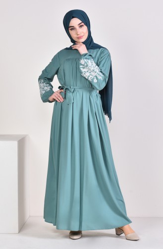 Minahill Kolu Nakışlı Büzgülü Elbise 10123-07 Çağla Yeşili