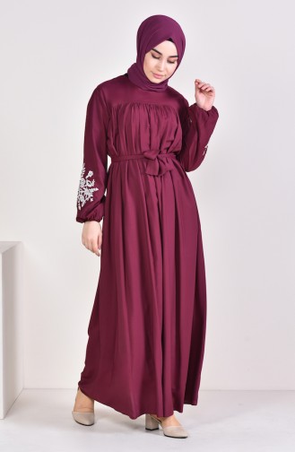 Minahill Sleeve Embroidered Pleated Dress 10123-08 Cherry 10123-08