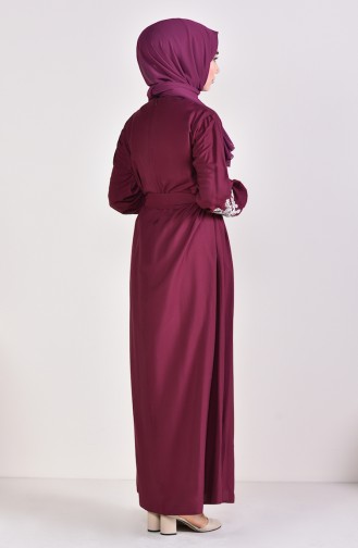 Minahill Kolu Nakışlı Büzgülü Elbise 10123-08 Vişne