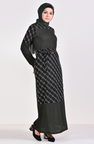Patterned Belted Dress 4185-02 Khaki 4185-02
